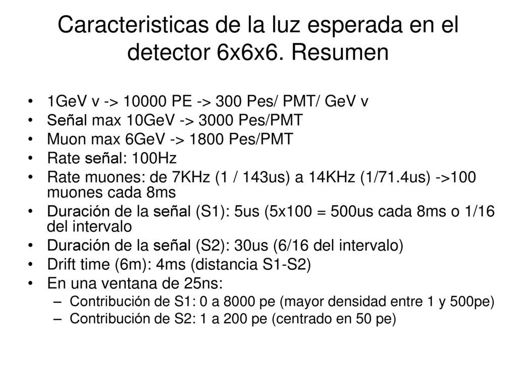 Caracteristicas de la luz esperada en el detector 6x6x6. Resumen