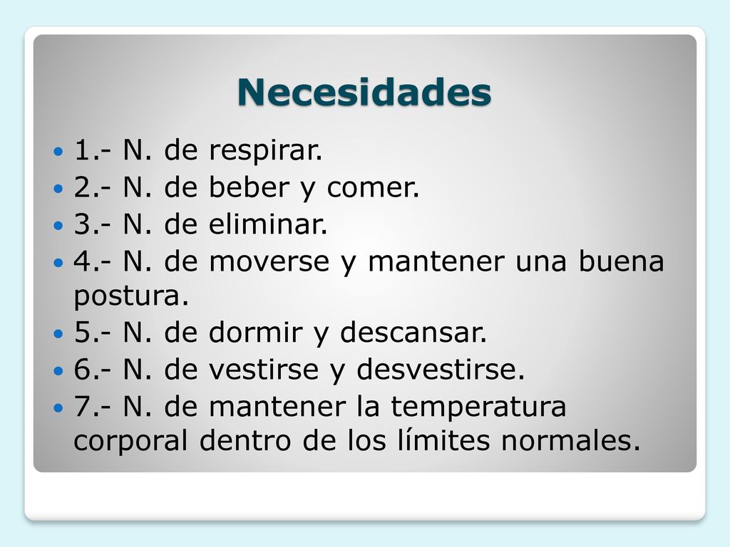 Necesidades 1.- N. de respirar. 2.- N. de beber y comer.