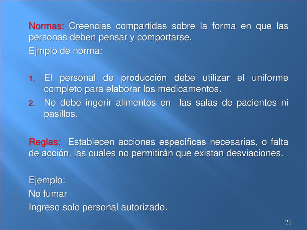 Normas: Creencias compartidas sobre la forma en que las personas deben pensar y comportarse.
