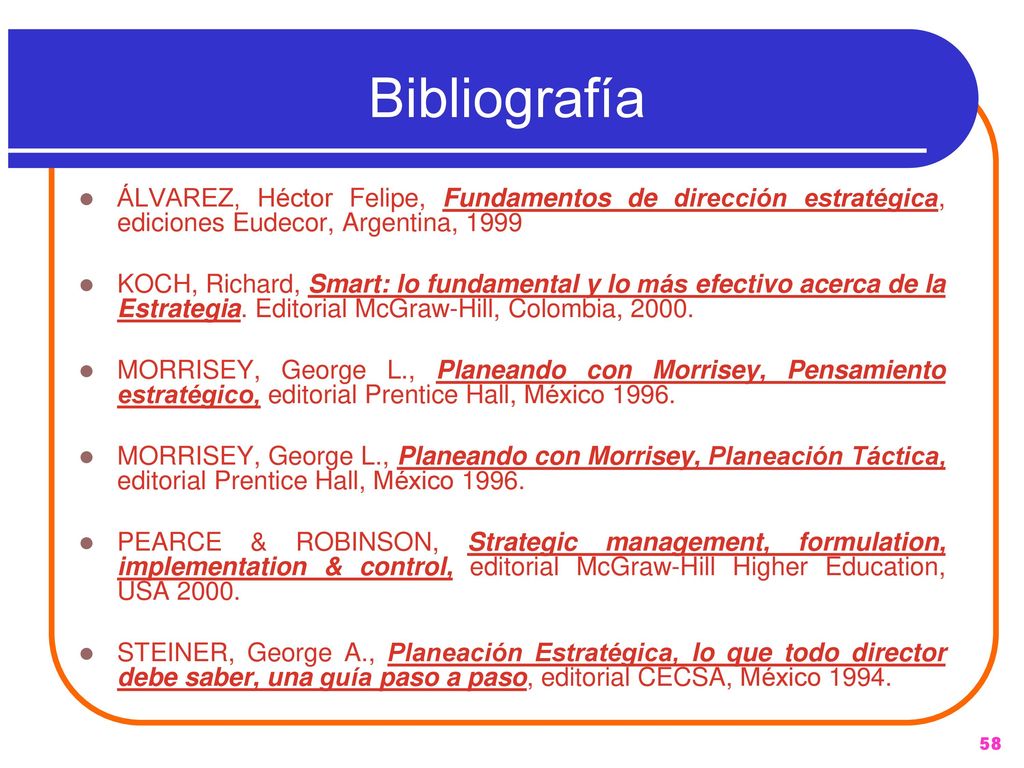 Bibliografía ÁLVAREZ, Héctor Felipe, Fundamentos de dirección estratégica, ediciones Eudecor, Argentina,