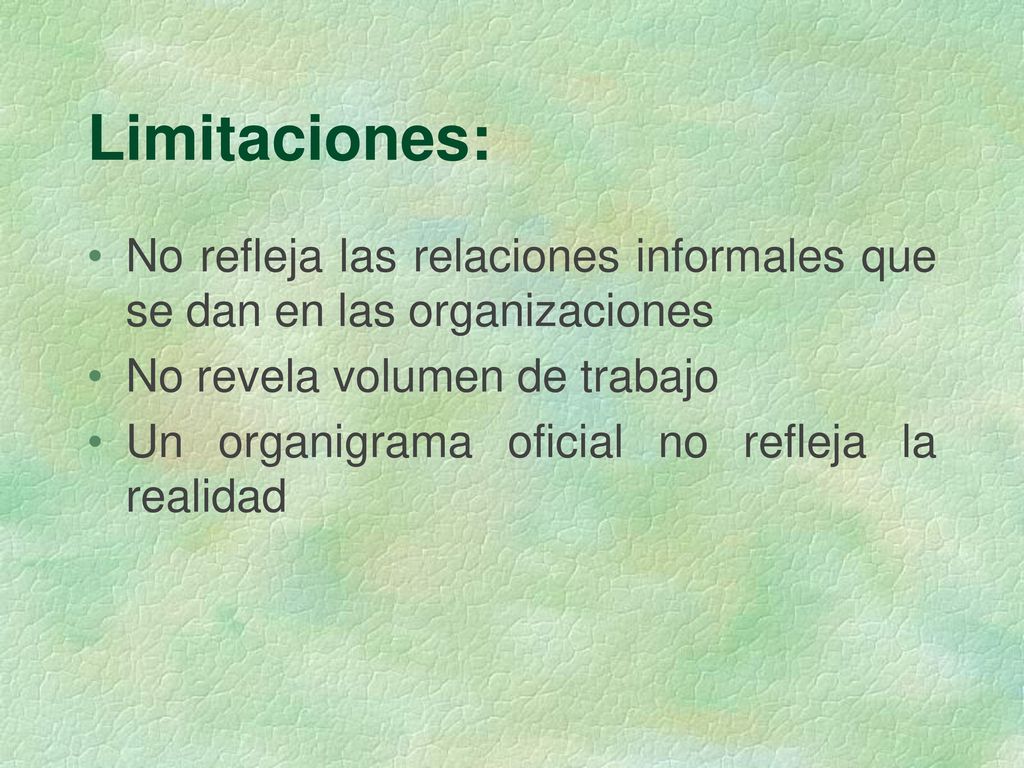 Limitaciones: No refleja las relaciones informales que se dan en las organizaciones. No revela volumen de trabajo.