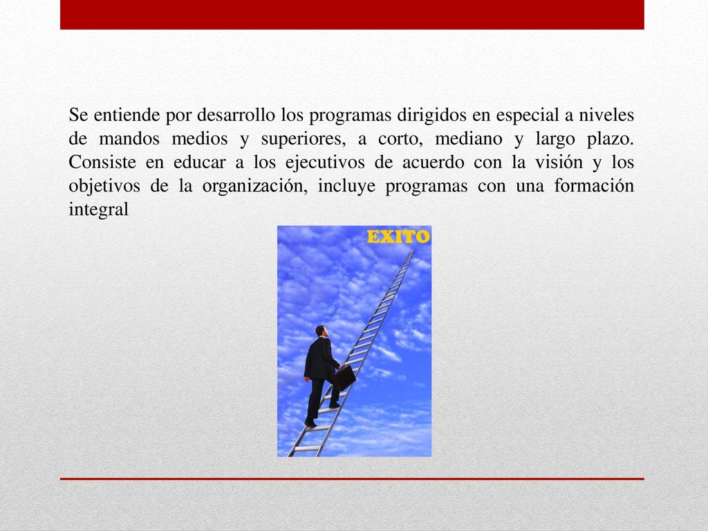 Se entiende por desarrollo los programas dirigidos en especial a niveles de mandos medios y superiores, a corto, mediano y largo plazo.