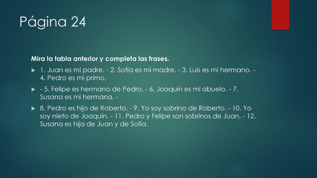 Página 24 Mira la tabla anterior y completa las frases.