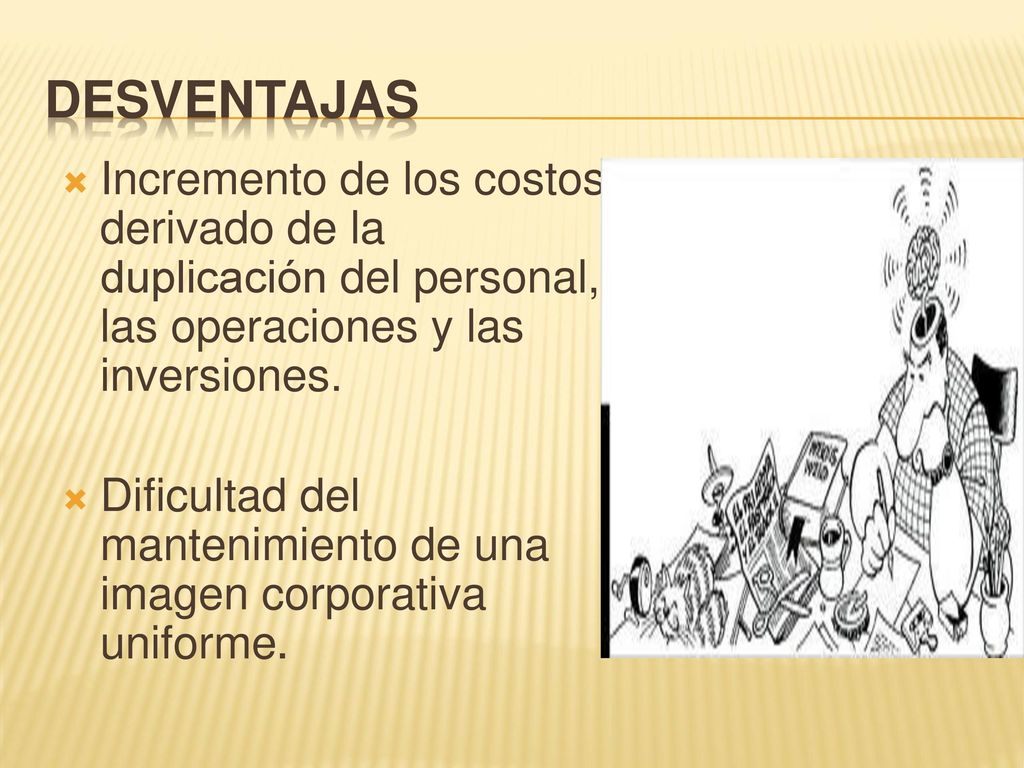 DESVENTAJAS Incremento de los costos derivado de la duplicación del personal, las operaciones y las inversiones.