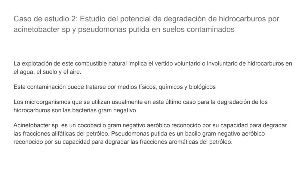 Caso de estudio 2: Estudio del potencial de degradación de hidrocarburos por acinetobacter sp y pseudomonas putida en suelos contaminados