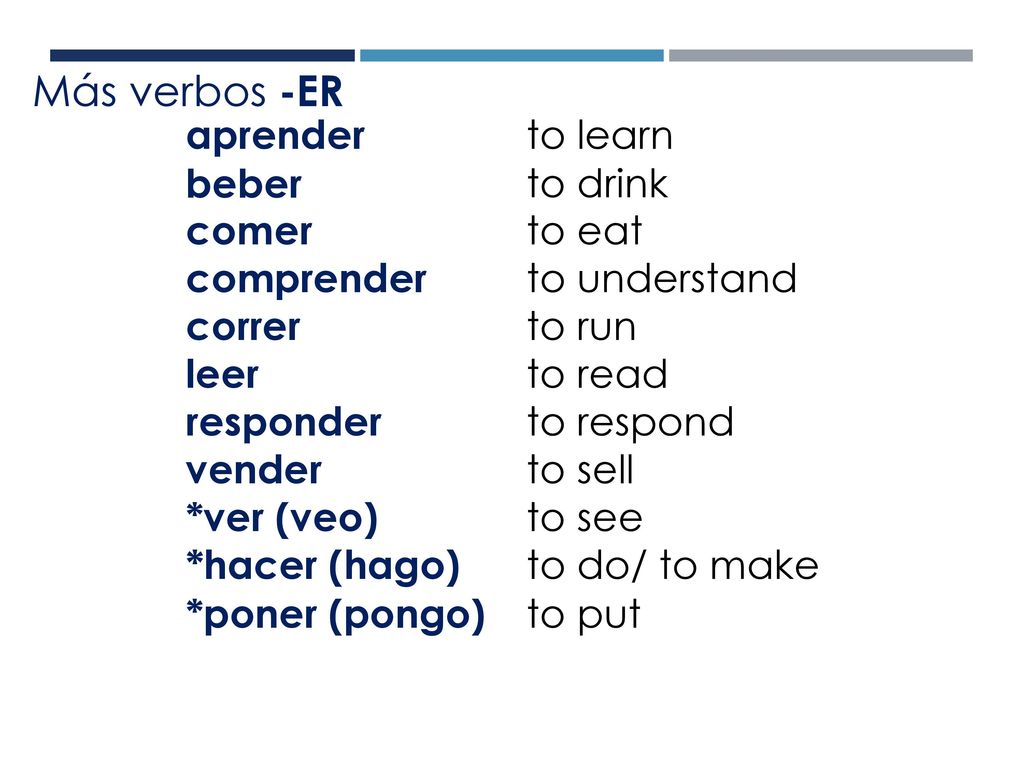 Más verbos -ER aprender beber comer comprender correr leer responder