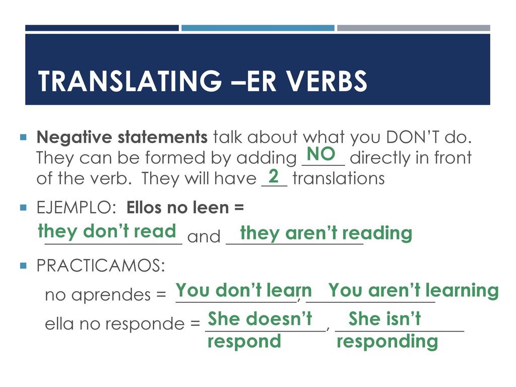 TRANSLATING –ER VERBS NO 2 they don’t read they aren’t reading