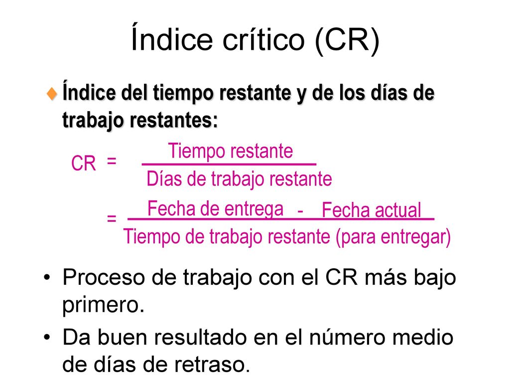 Índice crítico (CR) Índice del tiempo restante y de los días de trabajo restantes: Tiempo restante.