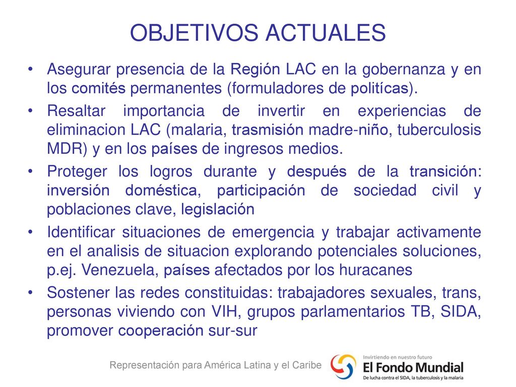 OBJETIVOS ACTUALES Asegurar presencia de la Región LAC en la gobernanza y en los comités permanentes (formuladores de politícas).