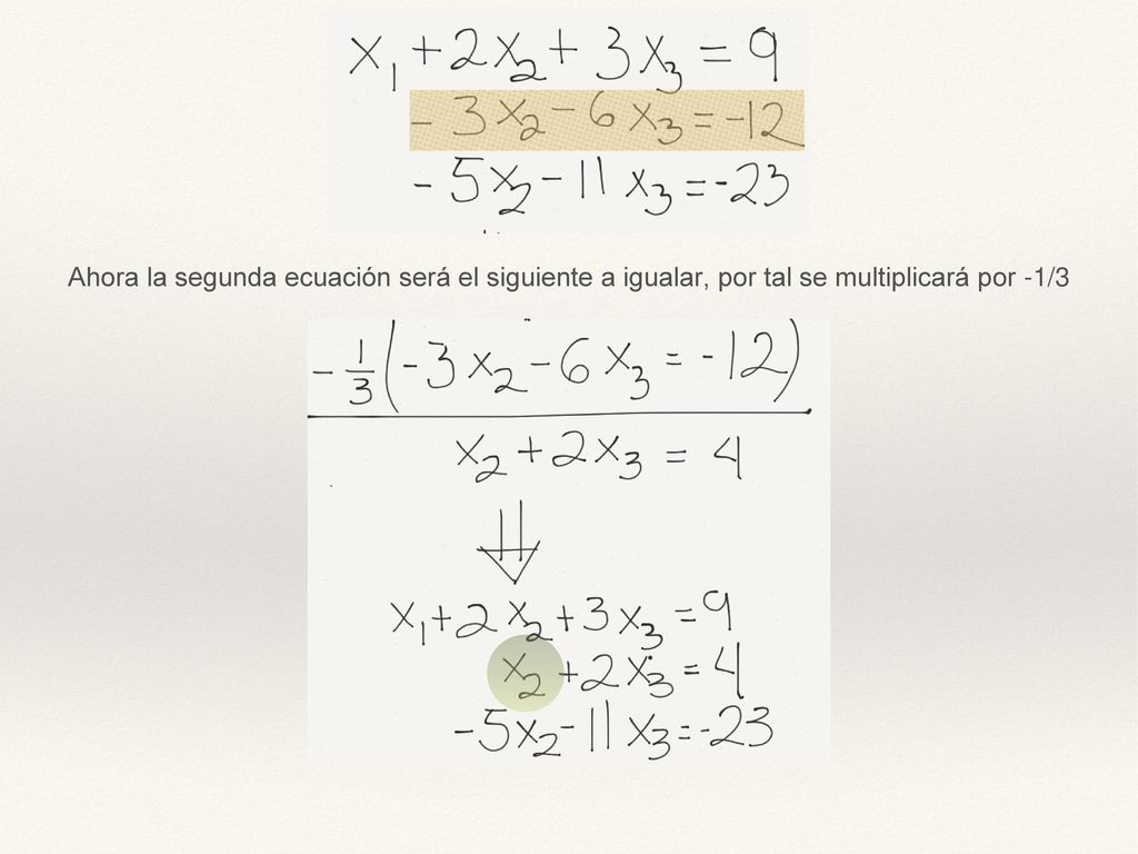 Ahora la segunda ecuación será el siguiente a igualar, por tal se multiplicará por -1/3