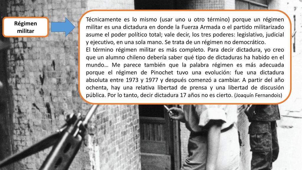 Técnicamente es lo mismo (usar uno u otro término) porque un régimen militar es una dictadura en donde la Fuerza Armada o el partido militarizado asume el poder político total; vale decir, los tres poderes: legislativo, judicial y ejecutivo, en una sola mano. Se trata de un régimen no democrático.