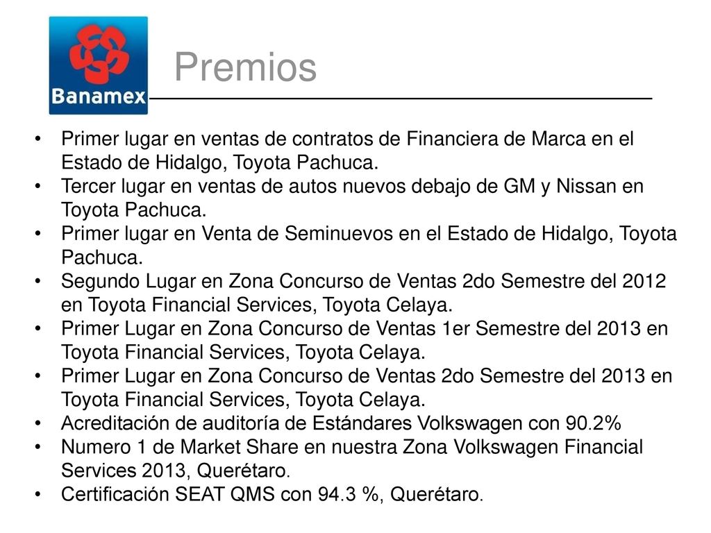 Premios Primer lugar en ventas de contratos de Financiera de Marca en el Estado de Hidalgo, Toyota Pachuca.