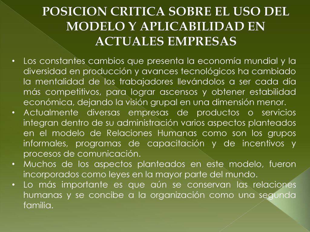POSICION CRITICA SOBRE EL USO DEL MODELO Y APLICABILIDAD EN ACTUALES EMPRESAS