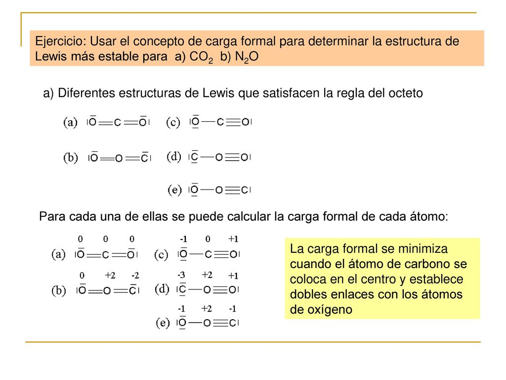 Ejercicio: Usar el concepto de carga formal para determinar la estructura de Lewis más estable para a) CO2 b) N2O