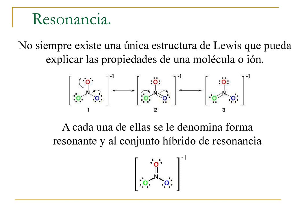 Resonancia. No siempre existe una única estructura de Lewis que pueda explicar las propiedades de una molécula o ión.