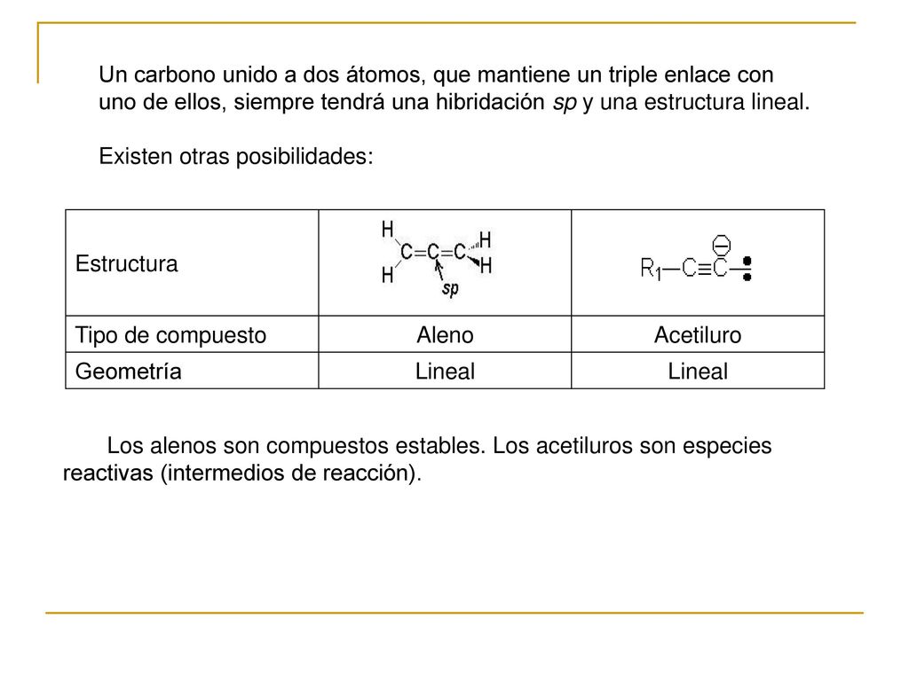 Un carbono unido a dos átomos, que mantiene un triple enlace con uno de ellos, siempre tendrá una hibridación sp y una estructura lineal.