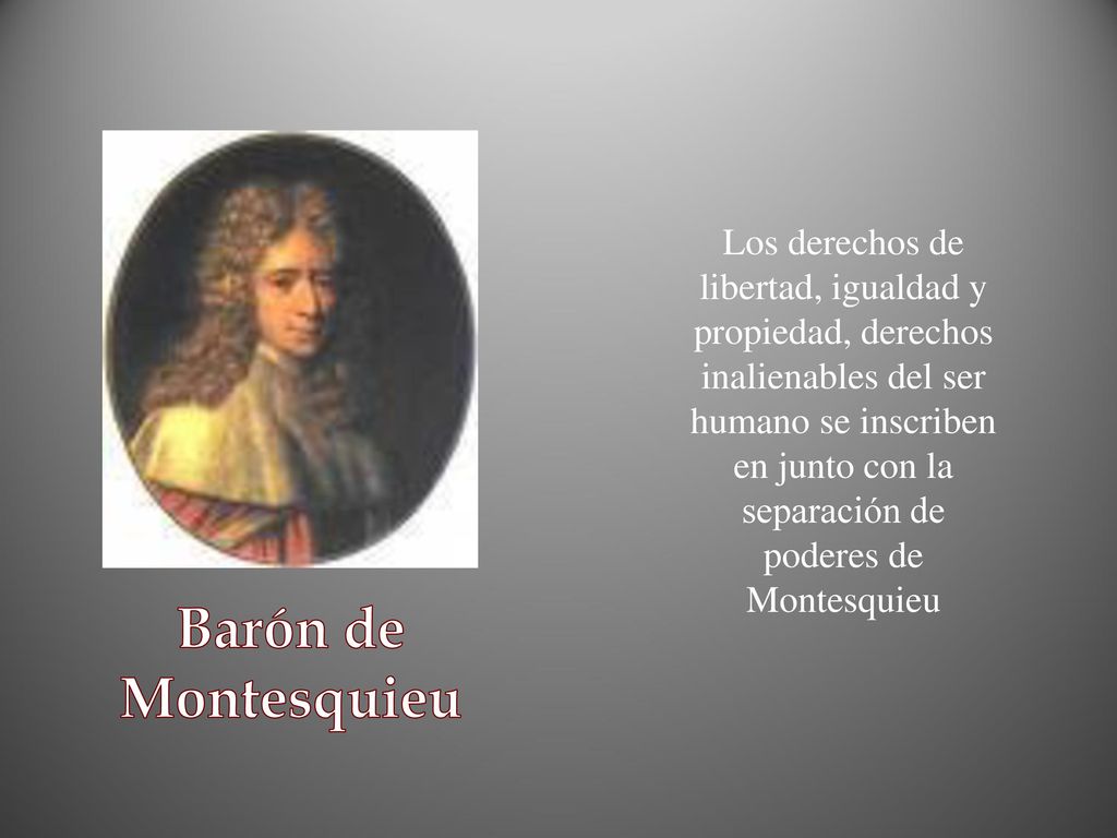 Los derechos de libertad, igualdad y propiedad, derechos inalienables del ser humano se inscriben en junto con la separación de poderes de Montesquieu