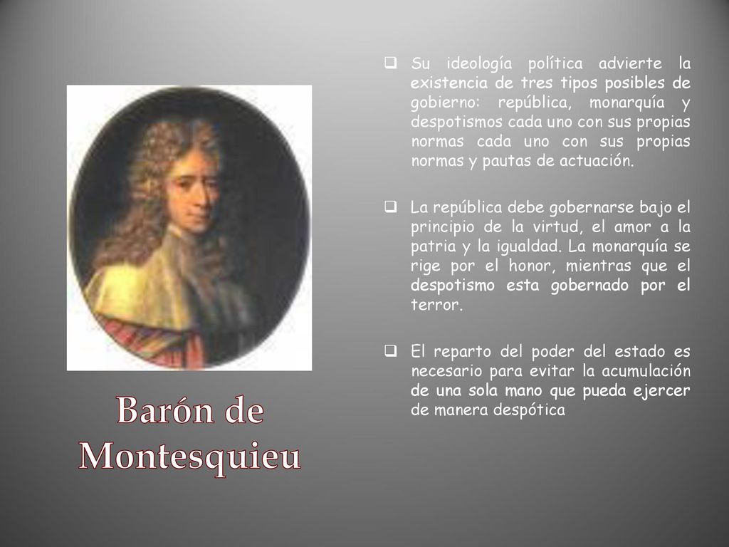 Su ideología política advierte la existencia de tres tipos posibles de gobierno: república, monarquía y despotismos cada uno con sus propias normas cada uno con sus propias normas y pautas de actuación.