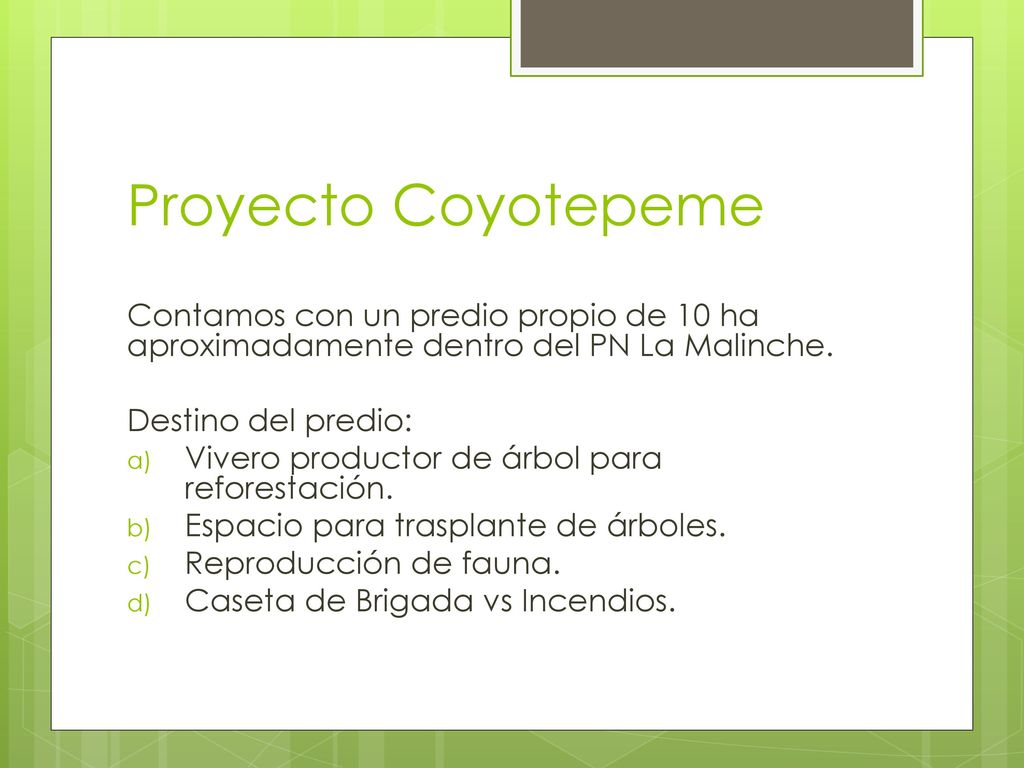 Proyecto Coyotepeme Contamos con un predio propio de 10 ha aproximadamente dentro del PN La Malinche.