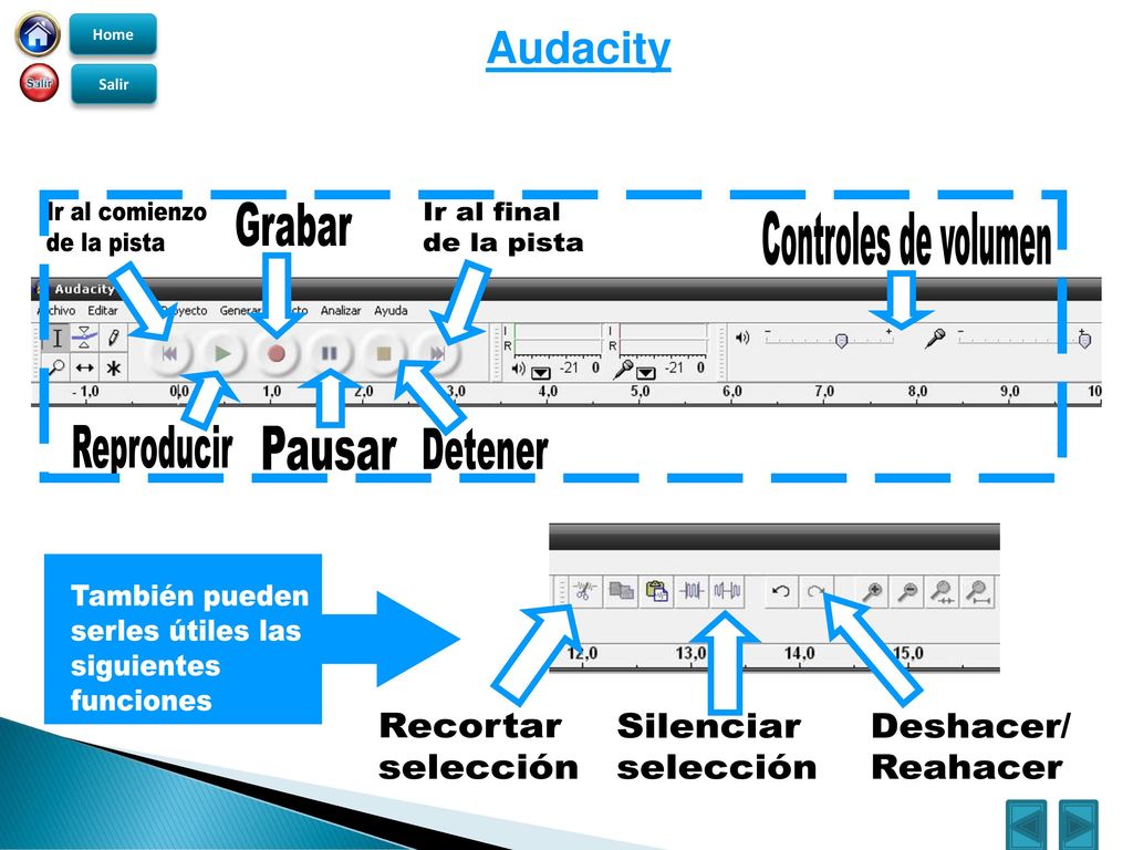 Audacity Ir al comienzo de la pista Grabar Ir al final de la pista