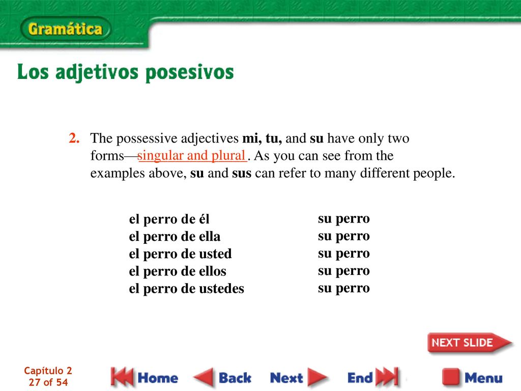 2. The possessive adjectives mi, tu, and su have only two