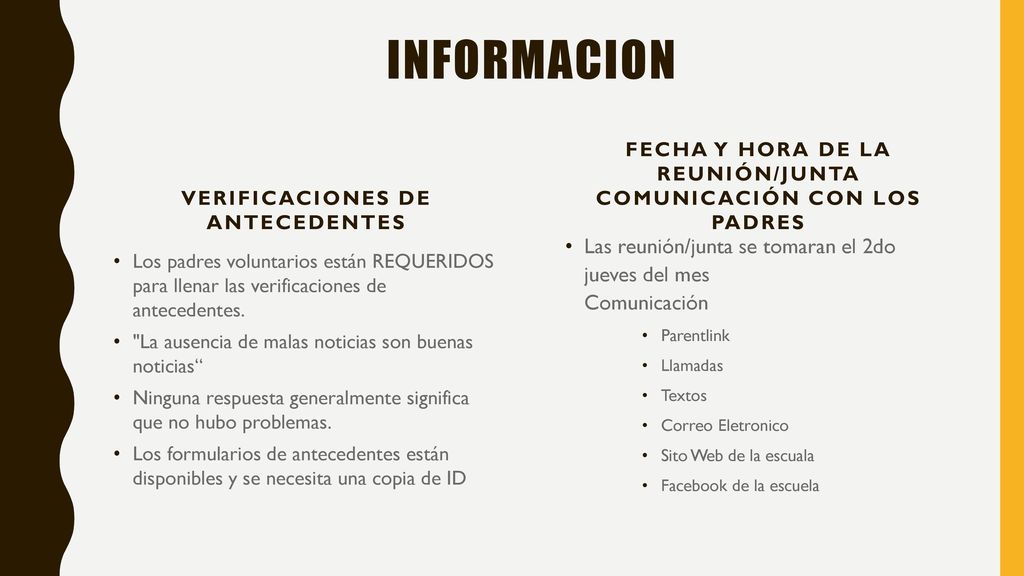 Informacion Verificaciones de antecedentes. Fecha y hora de la reunión/Junta Comunicación con los padres.