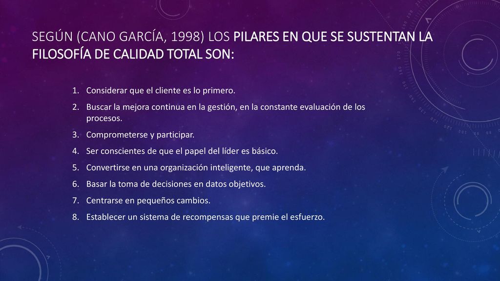 Según (Cano García, 1998) los pilares en que se sustentan la filosofía de calidad total son: