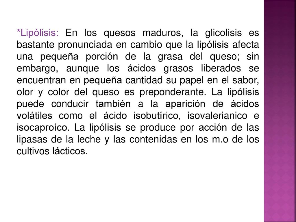 *Lipólisis: En los quesos maduros, la glicolisis es bastante pronunciada en cambio que la lipólisis afecta una pequeña porción de la grasa del queso; sin embargo, aunque los ácidos grasos liberados se encuentran en pequeña cantidad su papel en el sabor, olor y color del queso es preponderante.