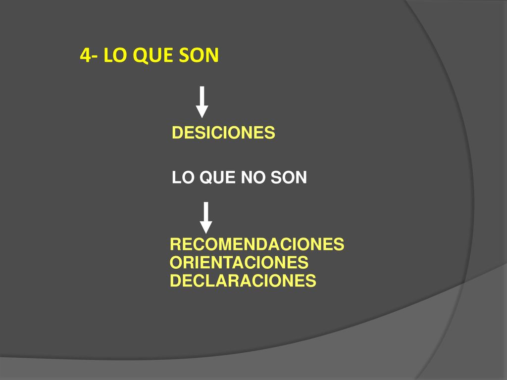 4- LO QUE SON DESICIONES LO QUE NO SON RECOMENDACIONES ORIENTACIONES DECLARACIONES