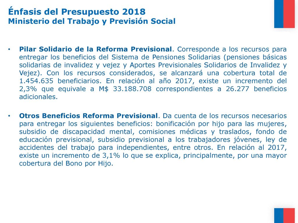 Énfasis del Presupuesto 2018 Ministerio del Trabajo y Previsión Social