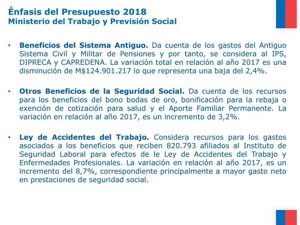 Énfasis del Presupuesto 2018 Ministerio del Trabajo y Previsión Social