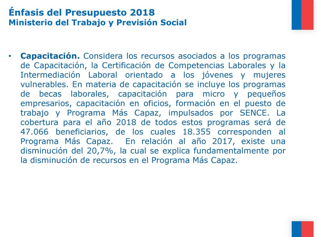 Énfasis del Presupuesto 2018 Ministerio del Trabajo y Previsión Social