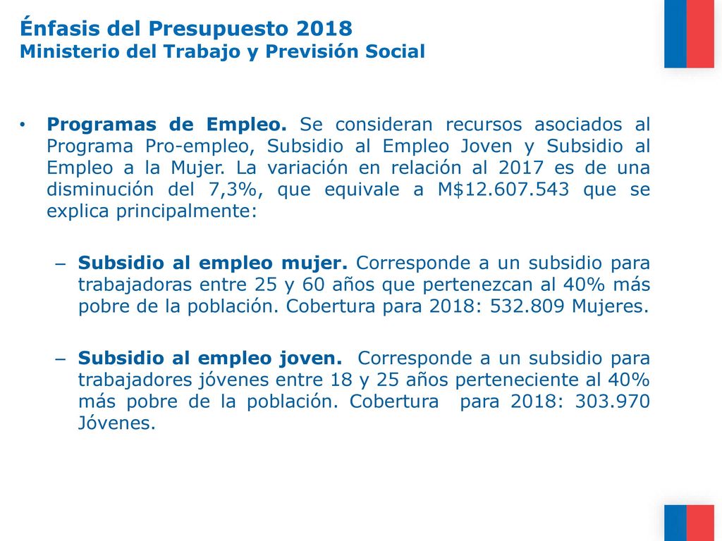 Énfasis del Presupuesto 2018 Ministerio del Trabajo y Previsión Social