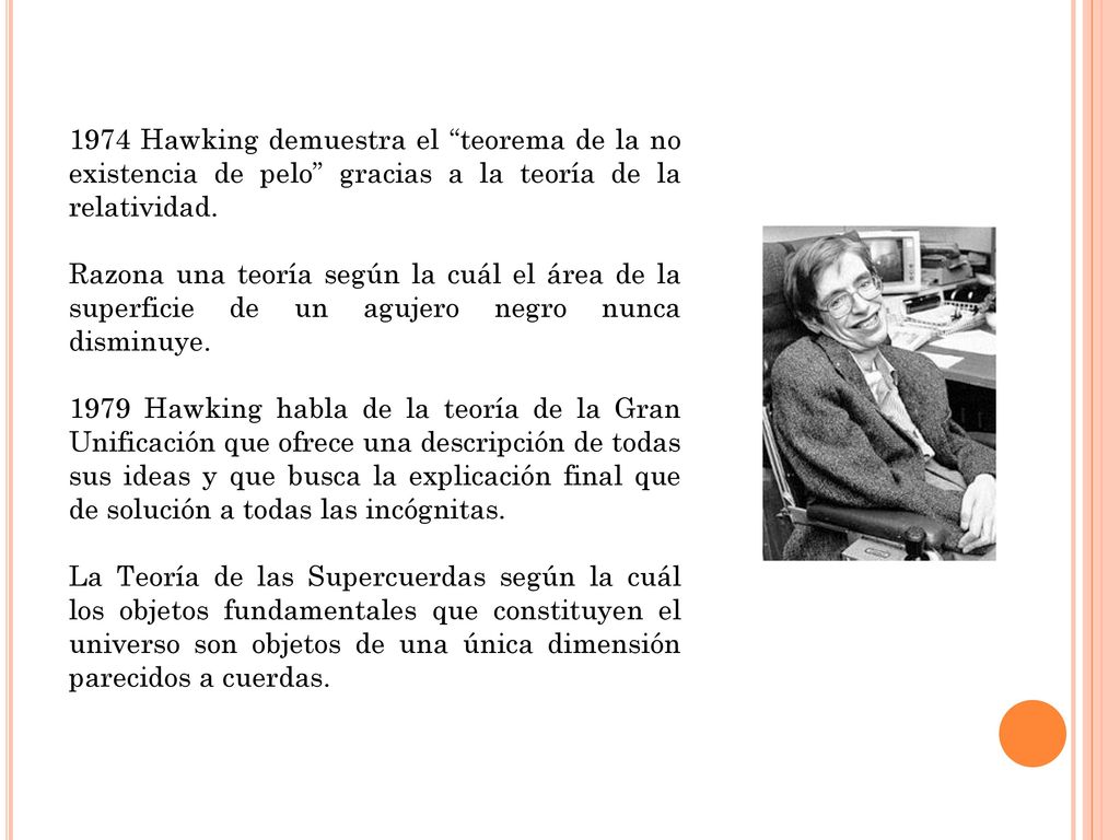 1974 Hawking demuestra el teorema de la no existencia de pelo gracias a la teoría de la relatividad.