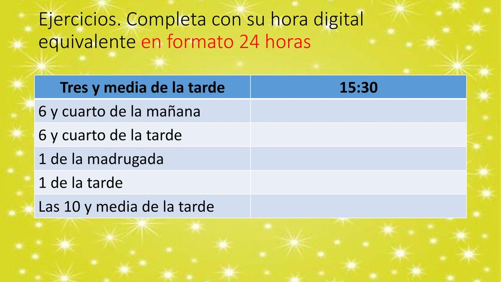 Ejercicios. Completa con su hora digital equivalente en formato 24 horas