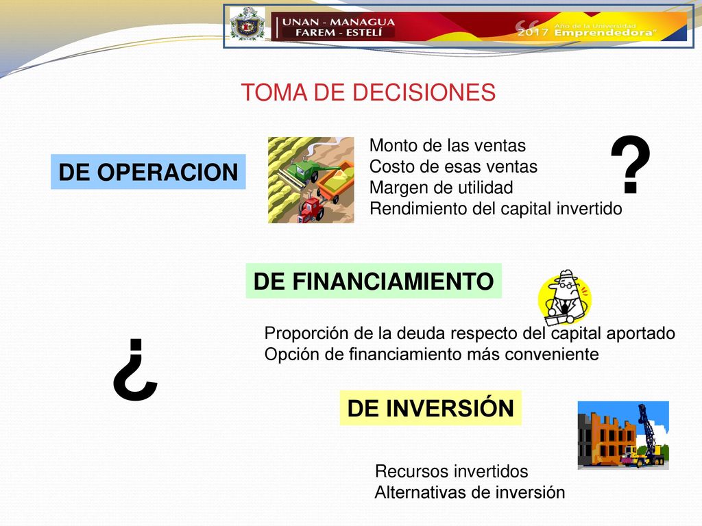 ¿ TOMA DE DECISIONES DE OPERACION DE FINANCIAMIENTO DE INVERSIÓN