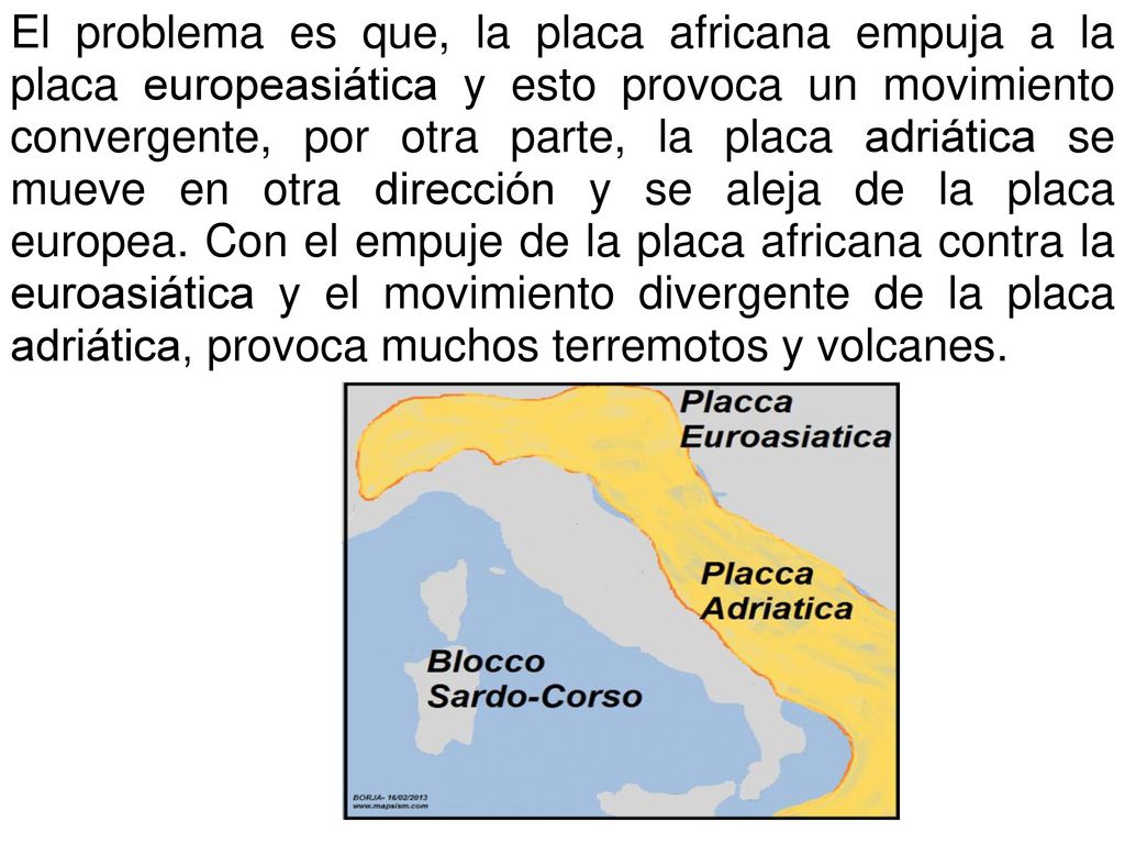 El problema es que, la placa africana empuja a la placa europeasiática y esto provoca un movimiento convergente, por otra parte, la placa adriática se mueve en otra dirección y se aleja de la placa europea. Con el empuje de la placa africana contra la euroasiática y el movimiento divergente de la placa adriática, provoca muchos terremotos y volcanes.