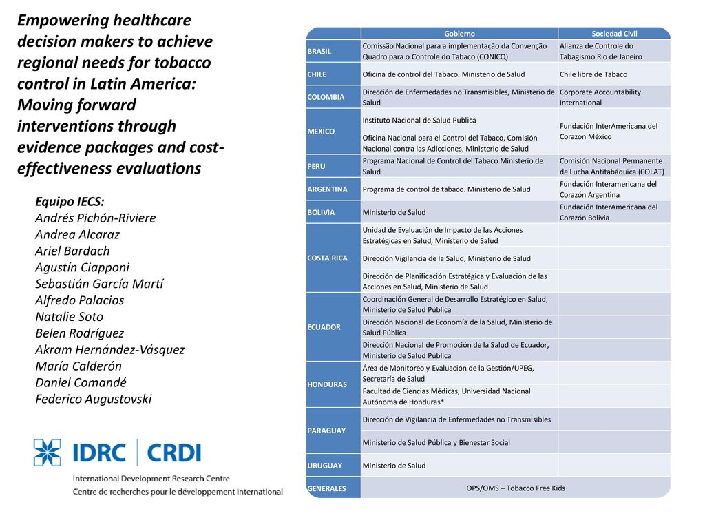 Empowering healthcare decision makers to achieve regional needs for tobacco control in Latin America: Moving forward interventions through evidence packages and cost-effectiveness evaluations
