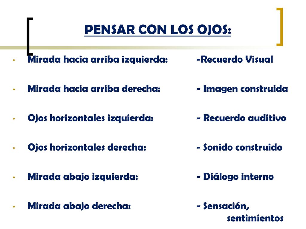 PENSAR CON LOS OJOS: Mirada hacia arriba izquierda: -Recuerdo Visual