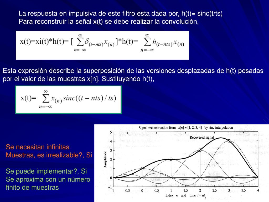 La respuesta en impulsiva de este filtro esta dada por, h(t)= sinc(t/ts)