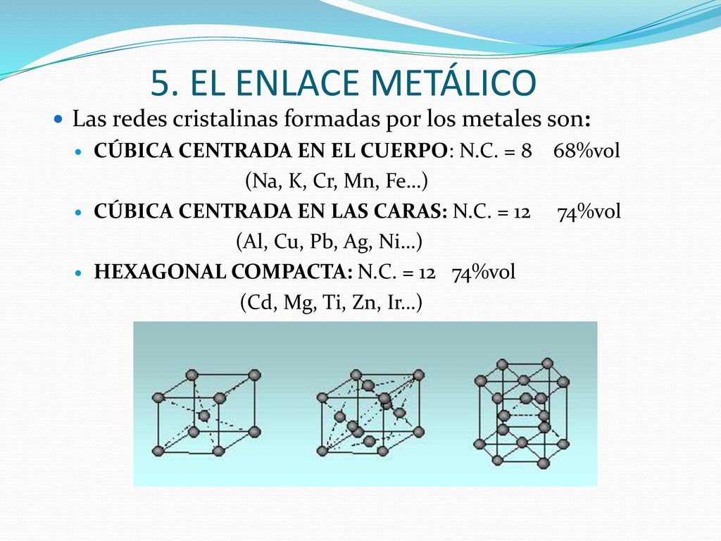 5. EL ENLACE METÁLICO Las redes cristalinas formadas por los metales son: CÚBICA CENTRADA EN EL CUERPO: N.C. = 8 68%vol.