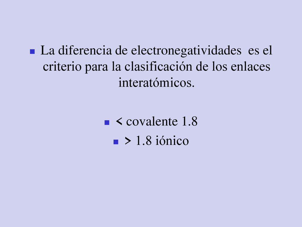 La diferencia de electronegatividades es el criterio para la clasificación de los enlaces interatómicos.