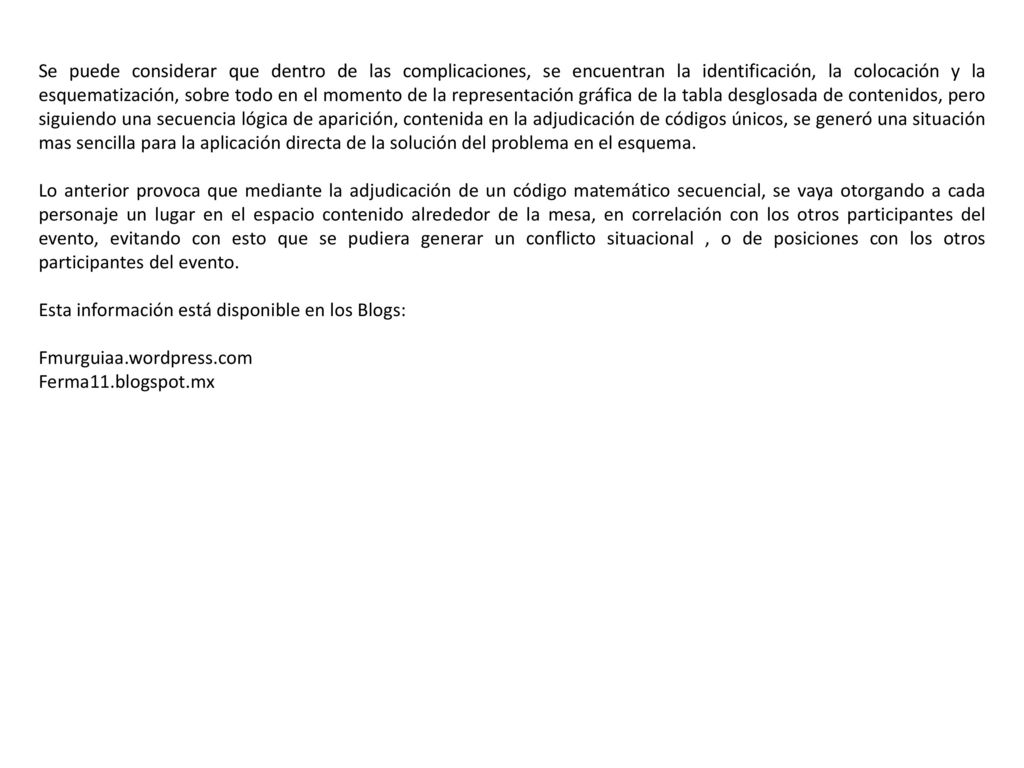 Se puede considerar que dentro de las complicaciones, se encuentran la identificación, la colocación y la esquematización, sobre todo en el momento de la representación gráfica de la tabla desglosada de contenidos, pero siguiendo una secuencia lógica de aparición, contenida en la adjudicación de códigos únicos, se generó una situación mas sencilla para la aplicación directa de la solución del problema en el esquema.