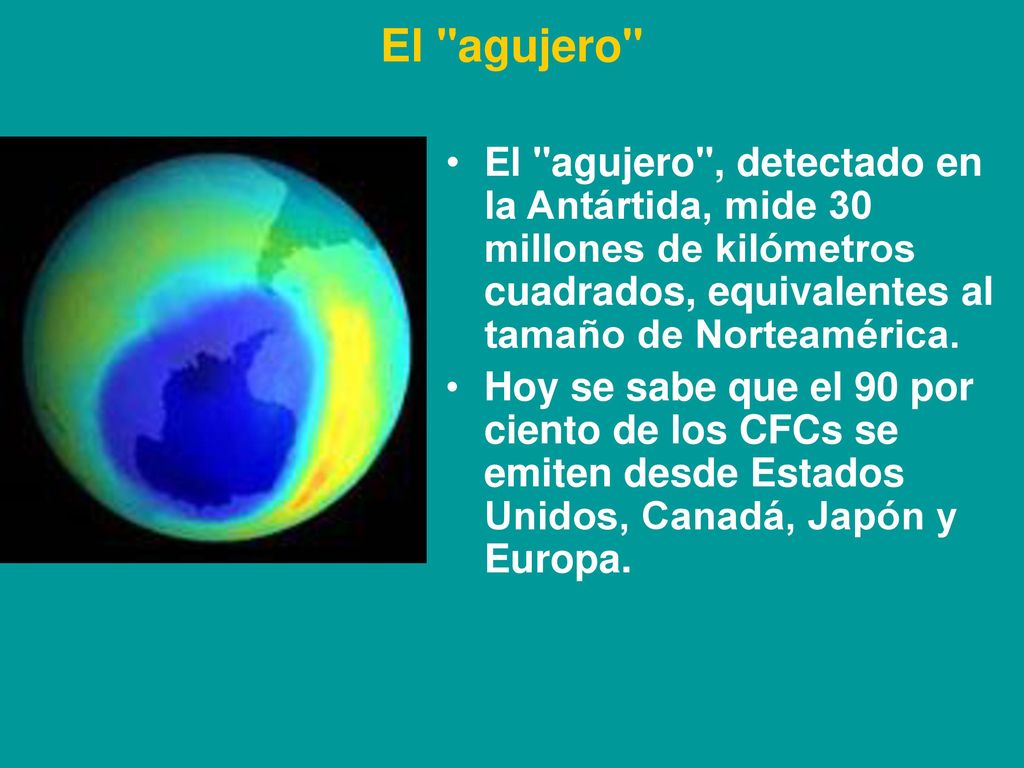 El agujero El agujero , detectado en la Antártida, mide 30 millones de kilómetros cuadrados, equivalentes al tamaño de Norteamérica.