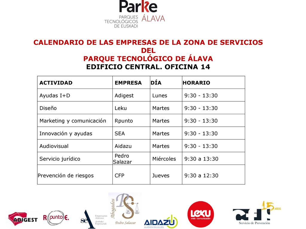 CALENDARIO DE LAS EMPRESAS DE LA ZONA DE SERVICIOS DEL