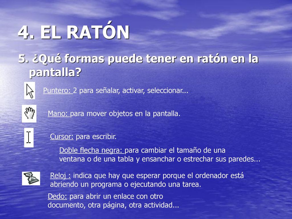 4. EL RATÓN 5. ¿Qué formas puede tener en ratón en la pantalla