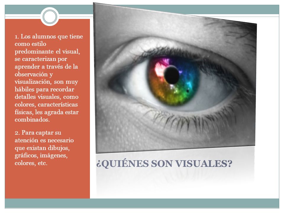 1. Los alumnos que tiene como estilo predominante el visual, se caracterizan por aprender a través de la observación y visualización, son muy hábiles para recordar detalles visuales, como colores, características físicas, les agrada estar combinados.