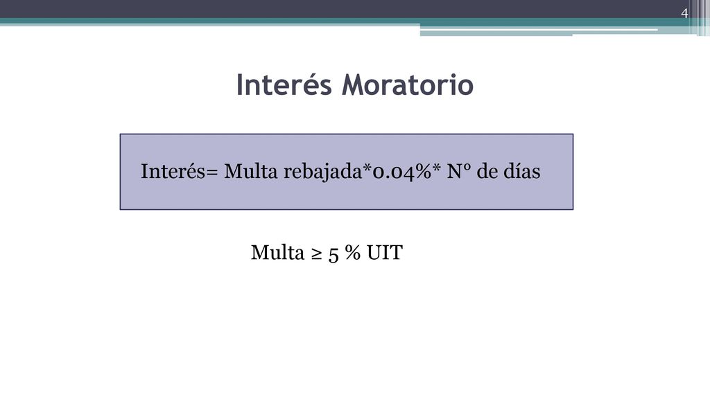Interés Moratorio Interés= Multa rebajada*0.04%* N° de días