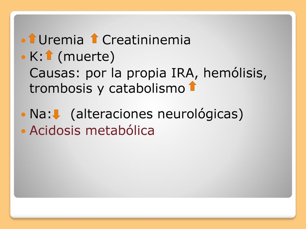 Uremia Creatininemia K: (muerte) Causas: por la propia IRA, hemólisis, trombosis y catabolismo.