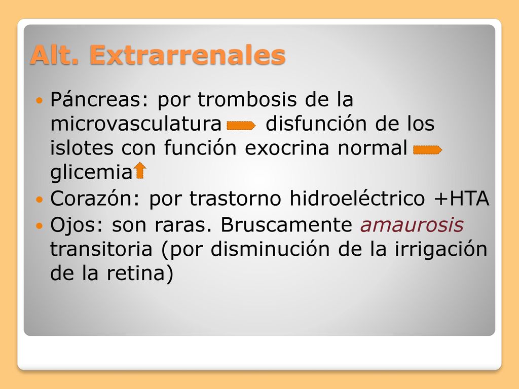 Alt. Extrarrenales Páncreas: por trombosis de la microvasculatura disfunción de los islotes con función exocrina normal glicemia.